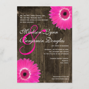 Bröllbjudanden till Rustic Wood Shock rosa Daisy-b Inbjudningar