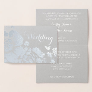 Bröllbjudanden till Silver Foil Blommigt Typograph Folierat Kort