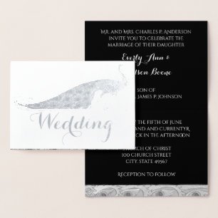 Bröllbjudanden till Silver Foil Peacock Typography Folierat Kort