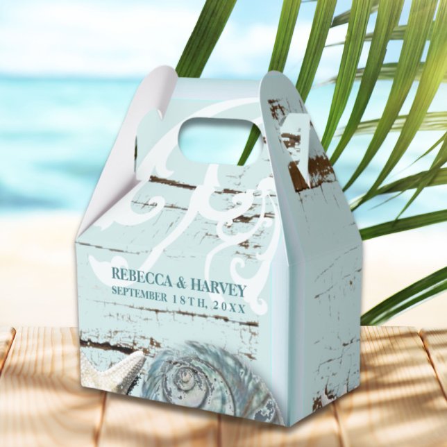 Bröllbröllop för marinblått årstidsstrand presentaskar (nautical aqua blue seashell beach wedding favor boxes)