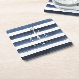 Bröllbröllop med Watercolor navy rand monogram Underlägg Papper Kvadrat