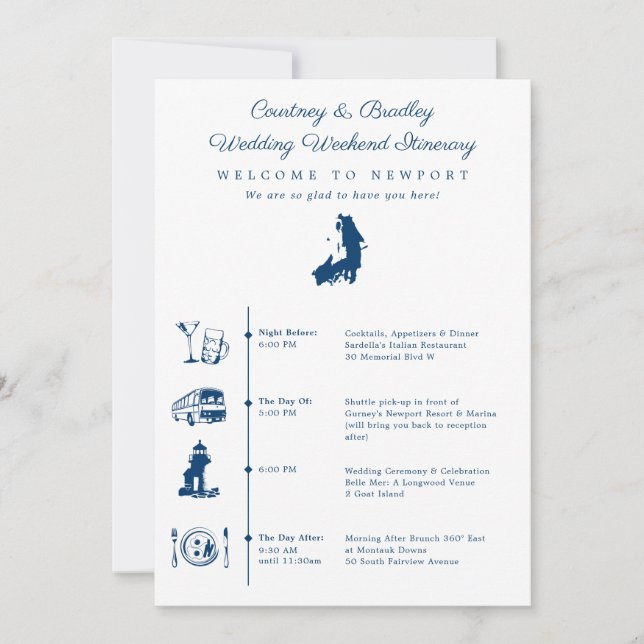 Brölldshelg Itinerary Timeline Newport RI Inbjudningar (Framsida)