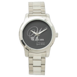 Bröllesman Elegant Grå Monogram Vit Detalj Svart Armbandsur