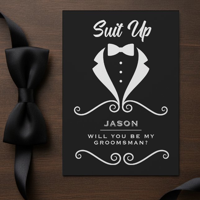 Bröllesman Förslag Kavaj Uppklädd Smoking Flitig S Tilläggskort (Groomsman Proposal Suit Up Tuxedo Bowtie Black Enclosure Card
)