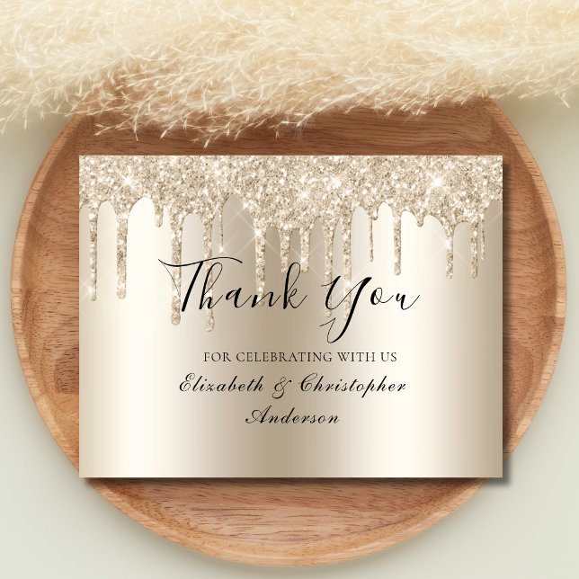 Brölljtackkort med glitter och champagnenedräkning tack kort (Champagne Dripping Glitter Wedding thank you cards. Personalized)