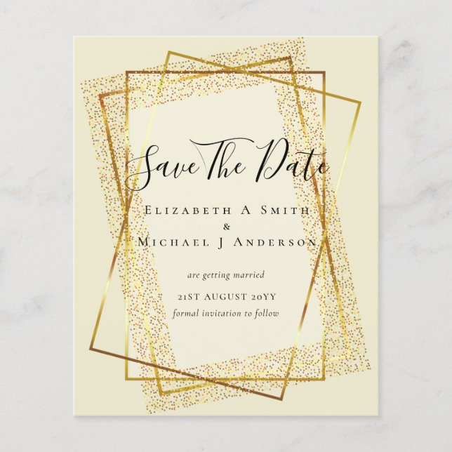 BRÖLLLOP PÅ LÅG BUDGET Spara datum  Guld Glitter G Flygblad (Framsidan)