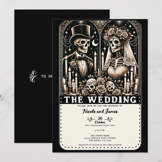 BRÖLLLOPET Taro Skelett Brud & Brudgum Inbjudningar (Fram/baksida)