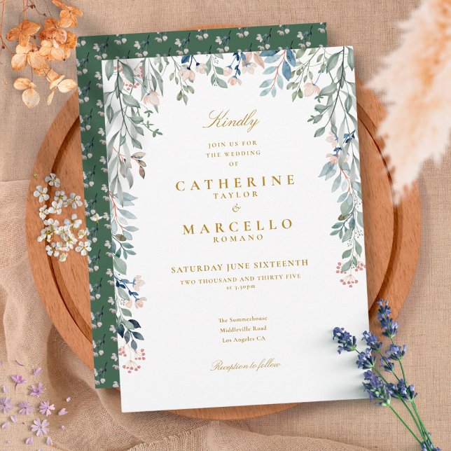 Bröllod med grönska blomster vilda blommor inbjudningar (Greenery Floral Wildflowers Wedding Invitation)