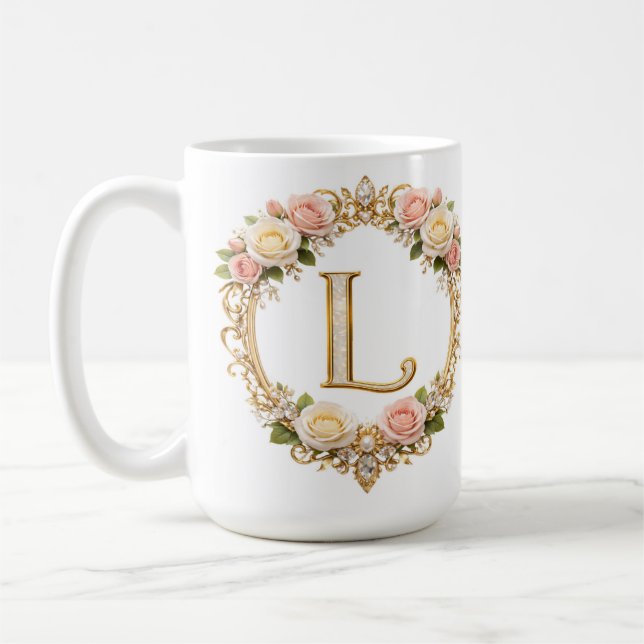 Bröllodsblush Rosa Guld Blommig Monogram Bokstav L Kaffemugg (Vänster)