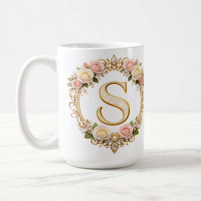 Bröllodsroséguld Blommig Monogram Bokstav S Bröllo Kaffemugg (Vänster)