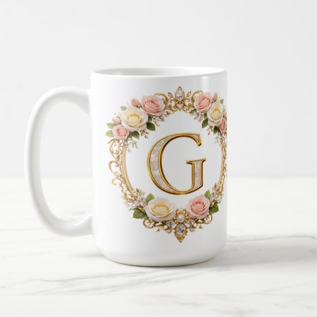 Bröllodsroséguld Blomster Monogram Bokstav G Bröll Kaffemugg (Vänster)