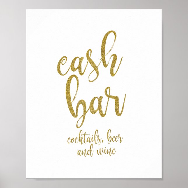 Bröllodsskylt Cash Bar Guld Glitter 8x10 Poster (Framsidan)