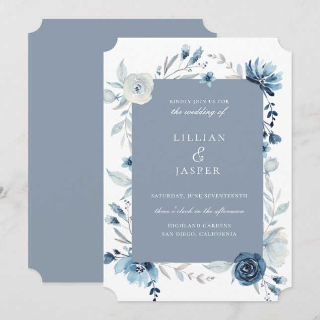Brölloksinbjudan Dusty Blue Navy Blommigt Ram Inbjudningar (Fram/baksida)