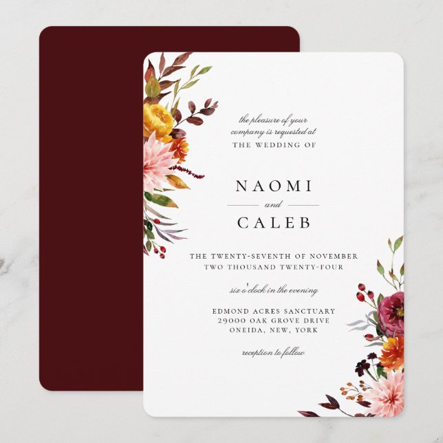 Brölloksinbjudan för Blommigt på rustik höst Inbjudningar (Fram/baksida)