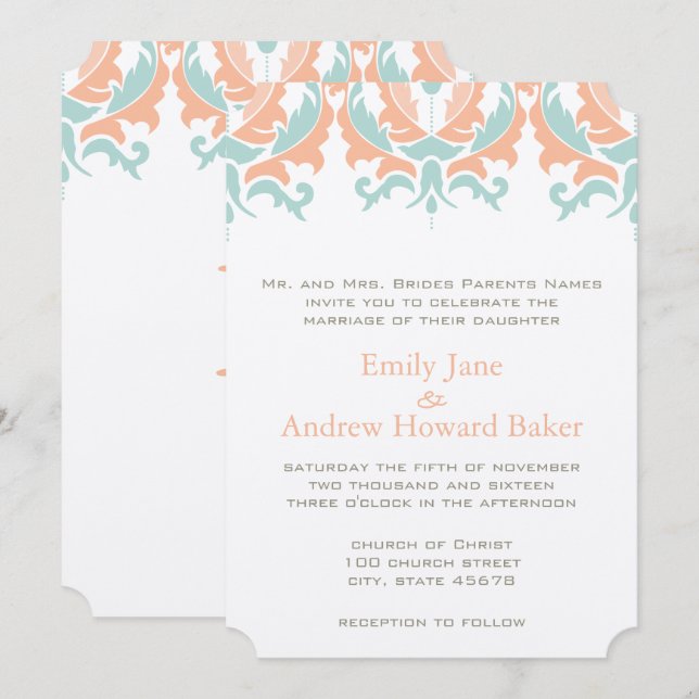 Brölloksinbjudan för Mint och Coral Peach Damask Inbjudningar (Fram/baksida)