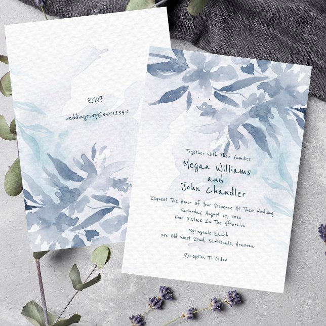 Brölloksinbjudan för mjuka blåfärgade Löv Inbjudningar (Soft Blue Watercolor Leaves Wedding Invitation)