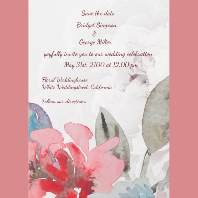 Brölloksinbjudan för ro med blommigtens vattenfärg inbjudningar (Floral watercolor wildflower rose wedding invitation with roses and wildflower peony)