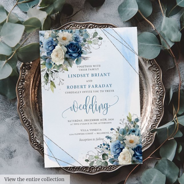 Brölloksinbjudan för Romantiska Mörk blått Silver  Inbjudningar (Romantic Dark Blue Silver Roses Wedding Invitation)