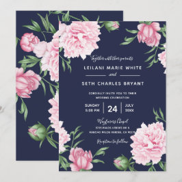 Brölloksinbjudan för rosa Blommigt Navy-bakgrund Inbjudningar