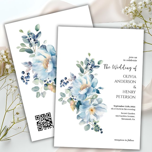 Brölloksinbjudan för Winter Blåa blommor QR-kod Inbjudningar (Skapare uppladdad)