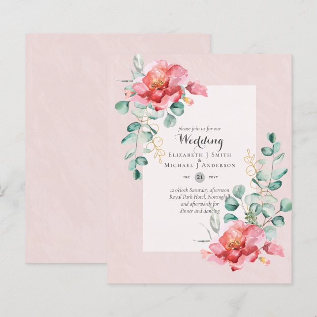 Brölloksinbjudan med låg budget för Red Blommigt (Fram/baksida)