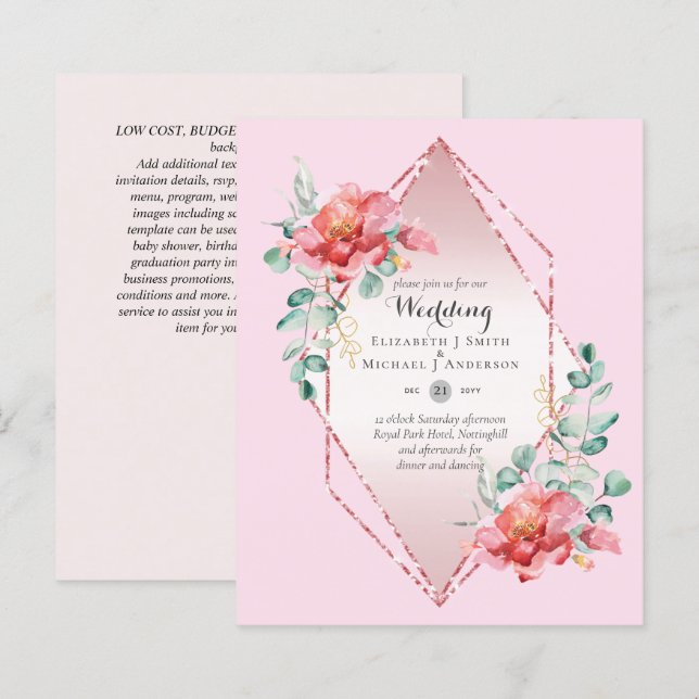 Brölloksinbjudan med låg budget Röd ros Blommigt (Fram/baksida)