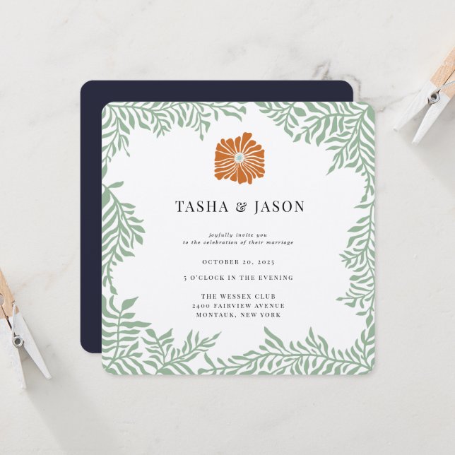 Brölloksinbjudan Retro Blommigt Greenery Ram Inbjudningar (Fram/Back In Situ)