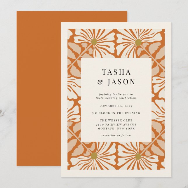 Brölloksinbjudan Retro Blommönster Ram Inbjudningar (Fram/baksida)