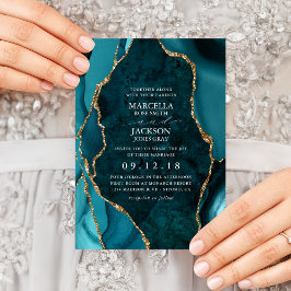 Brölloksinbjudan Teal & Guld Marble Agate Inbjudningar