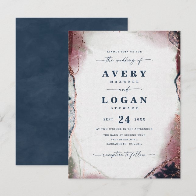 Brölloksinbjudan till abstrakt Etheral Navy Burgun Meddelande Vykort (Fram/baksida)