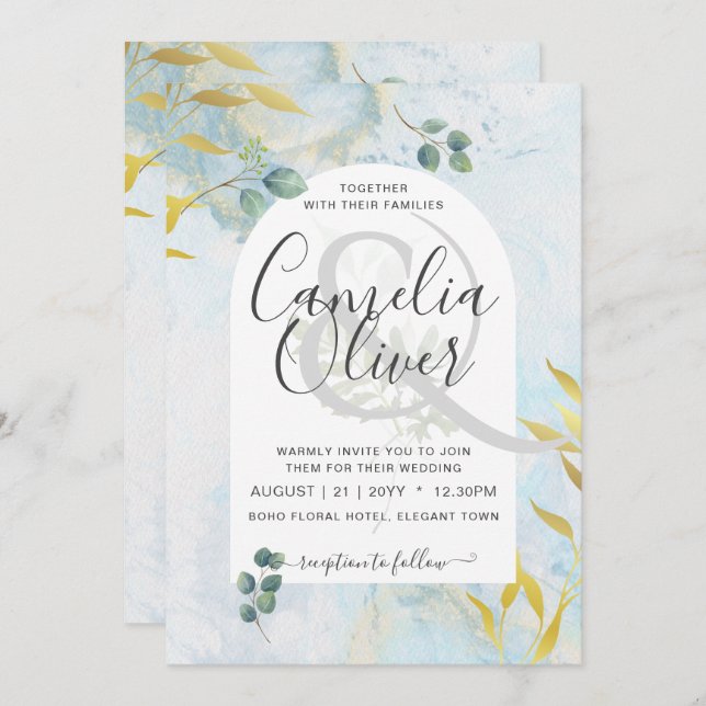 Brölloksinbjudan till Arty Botanical Grey Guld (Fram/baksida)