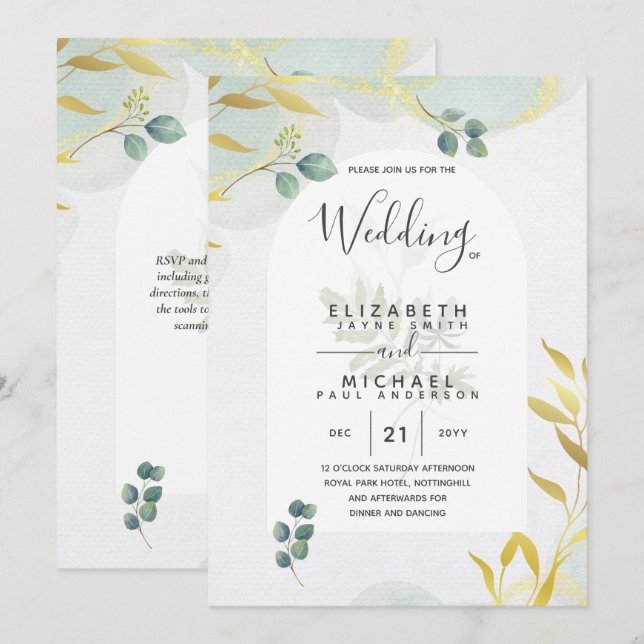 Brölloksinbjudan till Arty Botanical Grey Guld Inbjudningar (Fram/baksida)