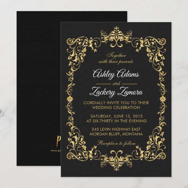 Brölloksinbjudan till Black Ornate Guld Rulla Grän Inbjudningar (Fram/baksida)