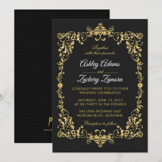 Brölloksinbjudan till Black Ornate Guld Rulla Grän Inbjudningar