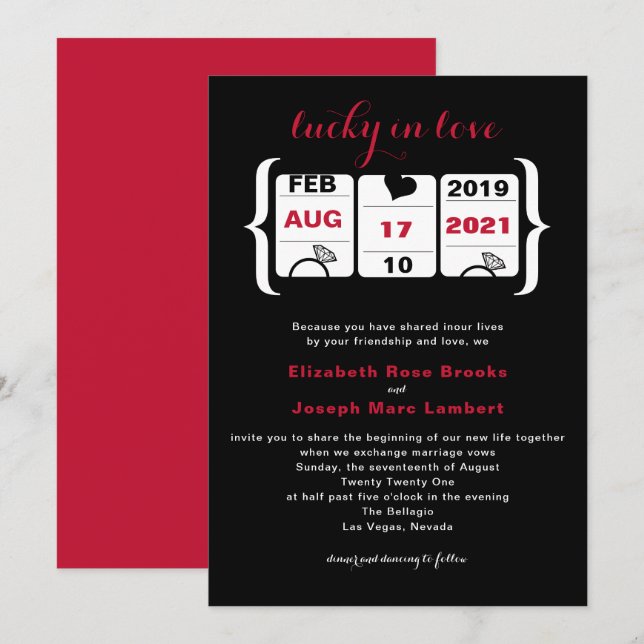 Brölloksinbjudan till Black Red Slot Maskin Inbjudningar (Fram/baksida)