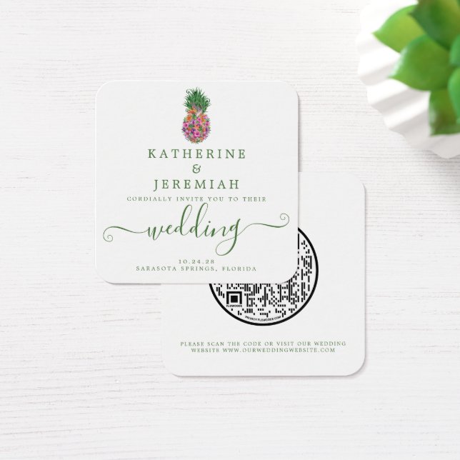 Brölloksinbjudan till Blommigt av ananas enligt QR Fyrkantigt Visitkort (Skivbord)