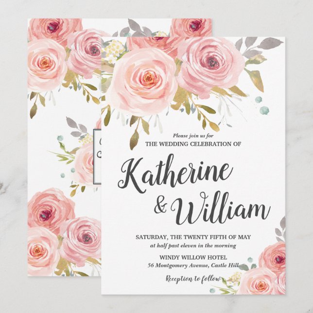 Brölloksinbjudan till Blommigt av  för  Rosa Vinta Inbjudningar (Fram/baksida)