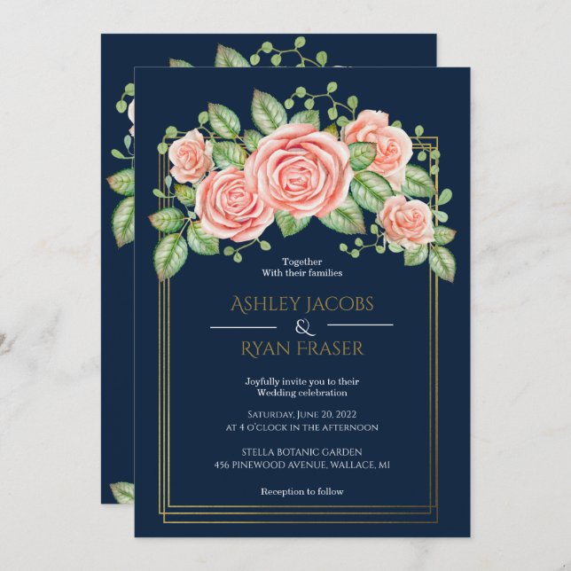 Brölloksinbjudan till  Blommigt för marinblått Gul Inbjudningar (Fram/baksida)