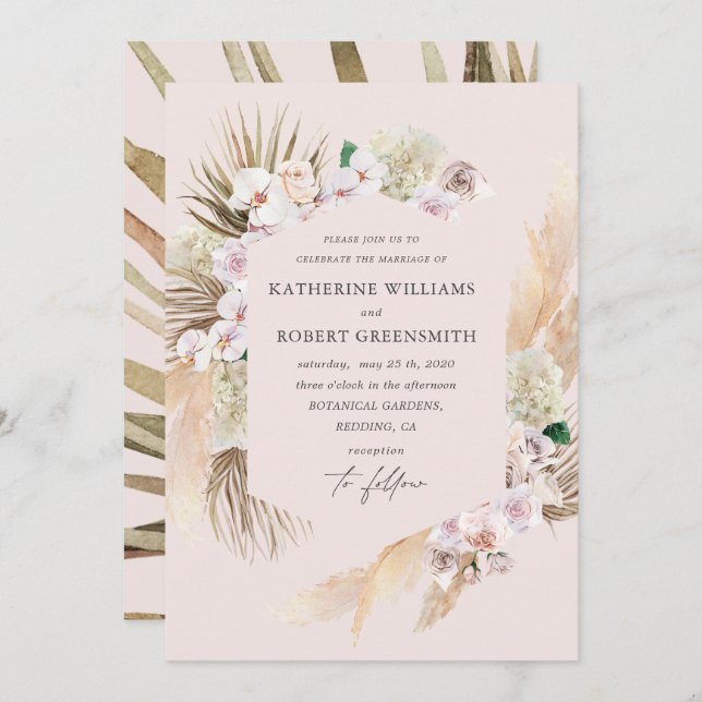 Brölloksinbjudan till blommigt för tropisk elegant inbjudningar (Fram/baksida)