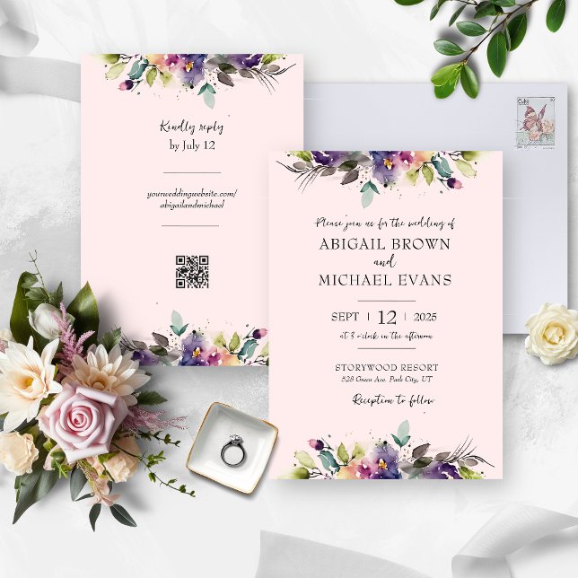 Brölloksinbjudan till Blommigt med vattenfärg i ab Inbjudningar (Watercolor Pink Floral Wedding Invitation & RSVP)
