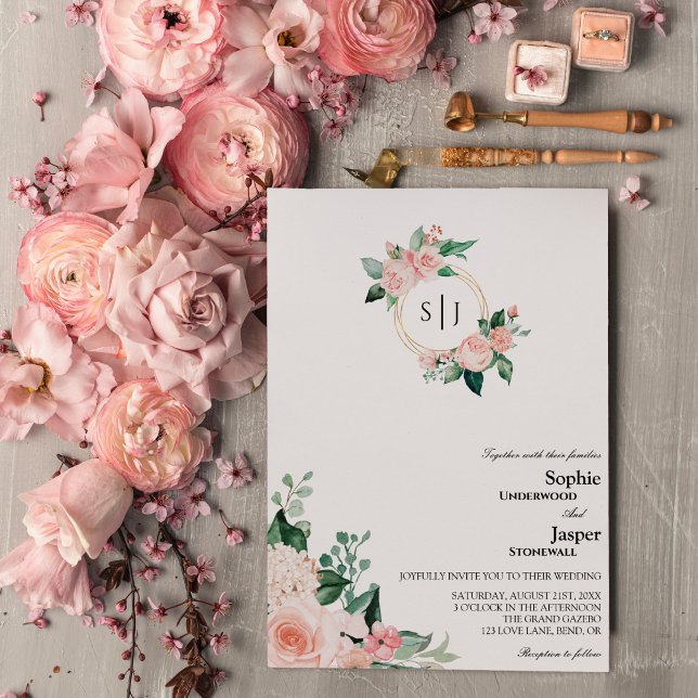 Brölloksinbjudan till  Blommigt Vita monogram-bröl Inbjudningar (Skapare uppladdad)