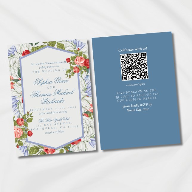 Brölloksinbjudan till Blommigten elegant Cursive S Inbjudningar (Set the tone for a timeless celebration with this Romantic Red & Blue Floral Wedding Invitation!)