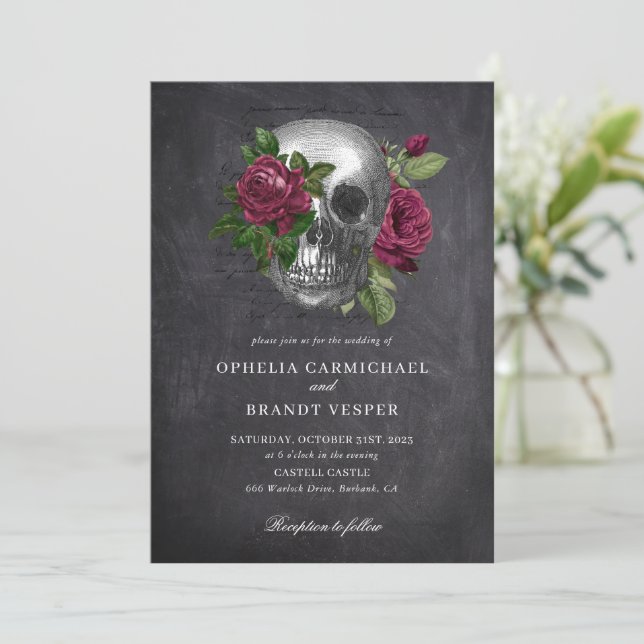 Brölloksinbjudan till Blommigten Gothic Skull Inbjudningar (Stående Fram)