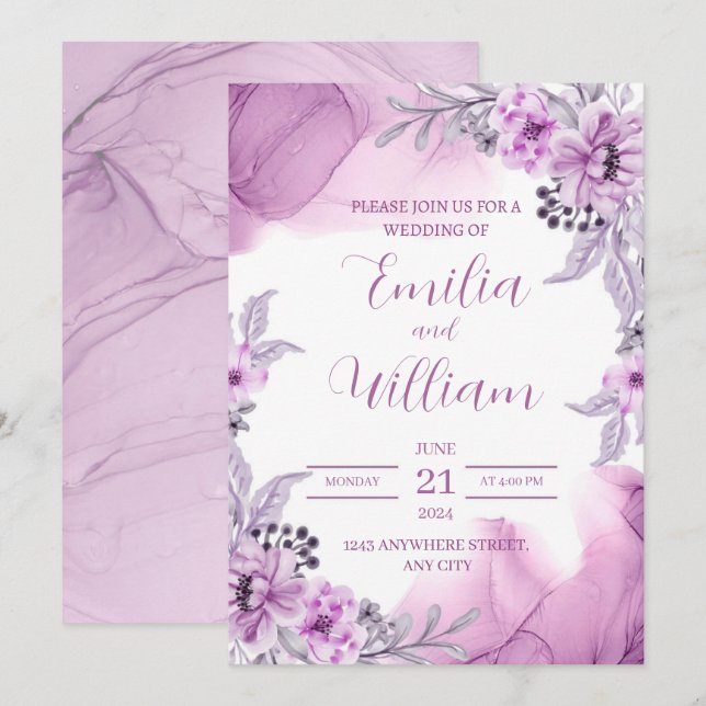 Brölloksinbjudan till Blommigten lila Watercolor Inbjudningar (Fram/baksida)