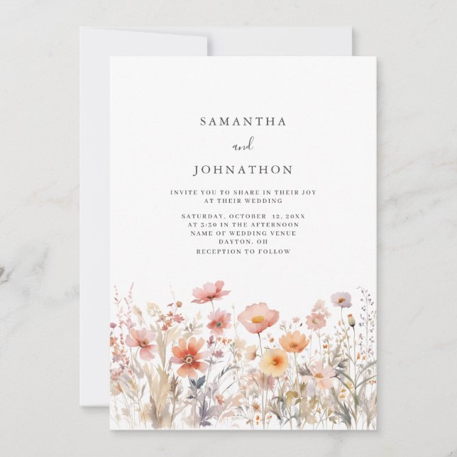Brölloksinbjudan till Blommigten Peach Wildblomma Inbjudningar (Framsida)