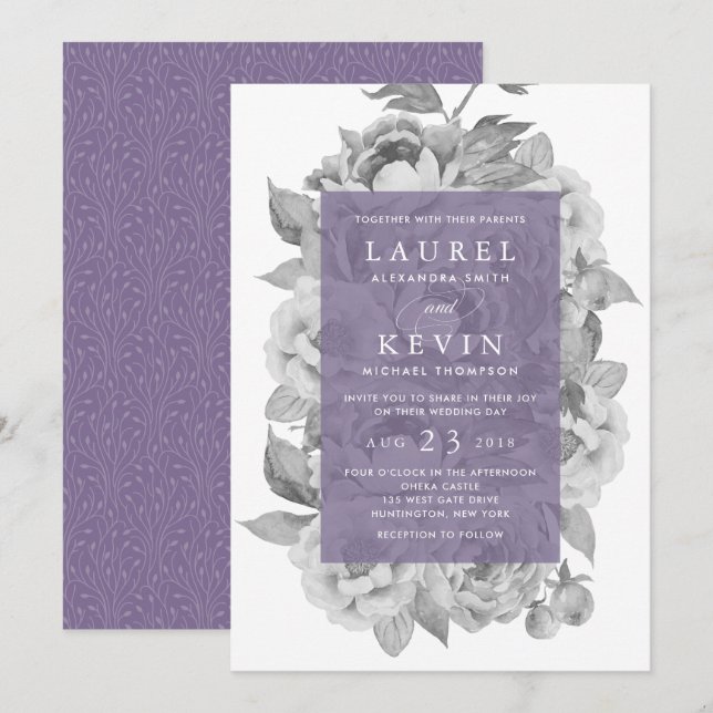 Brölloksinbjudan till Blommigten vintage | Violet Inbjudningar (Fram/baksida)