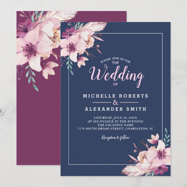 Brölloksinbjudan till Blommigten Watercolor Flower Inbjudningar (Fram/baksida)