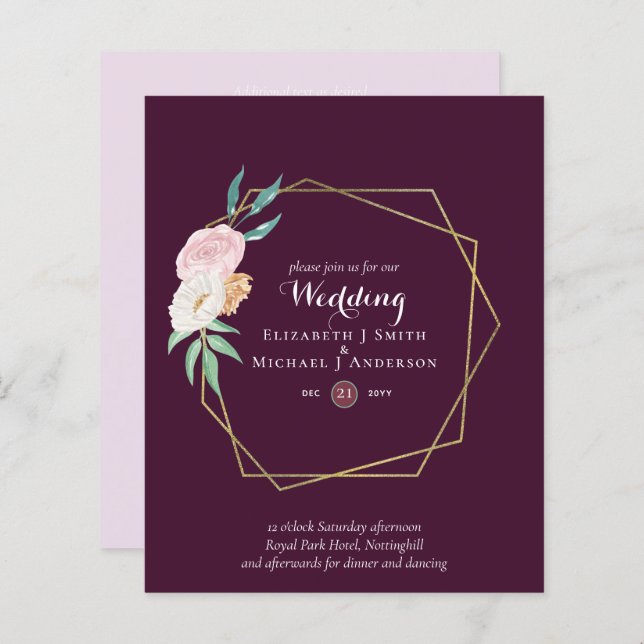 Brölloksinbjudan till BUDGETEN-plommon och Blommig (Fram/baksida)