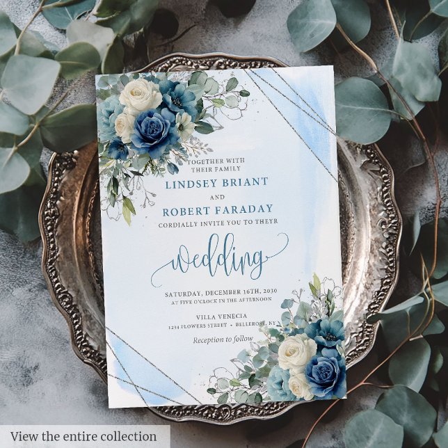 Brölloksinbjudan till chic Mörk blått Vita Silver Inbjudningar (Chic Dark Blue White Silver Wedding Invitation Card)