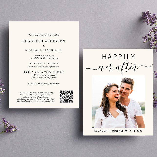 Brölloksinbjudan till chic Script Photo QR Code Cr (Our user-friendly template allows you to easily upload a photo and customize your invitation)
